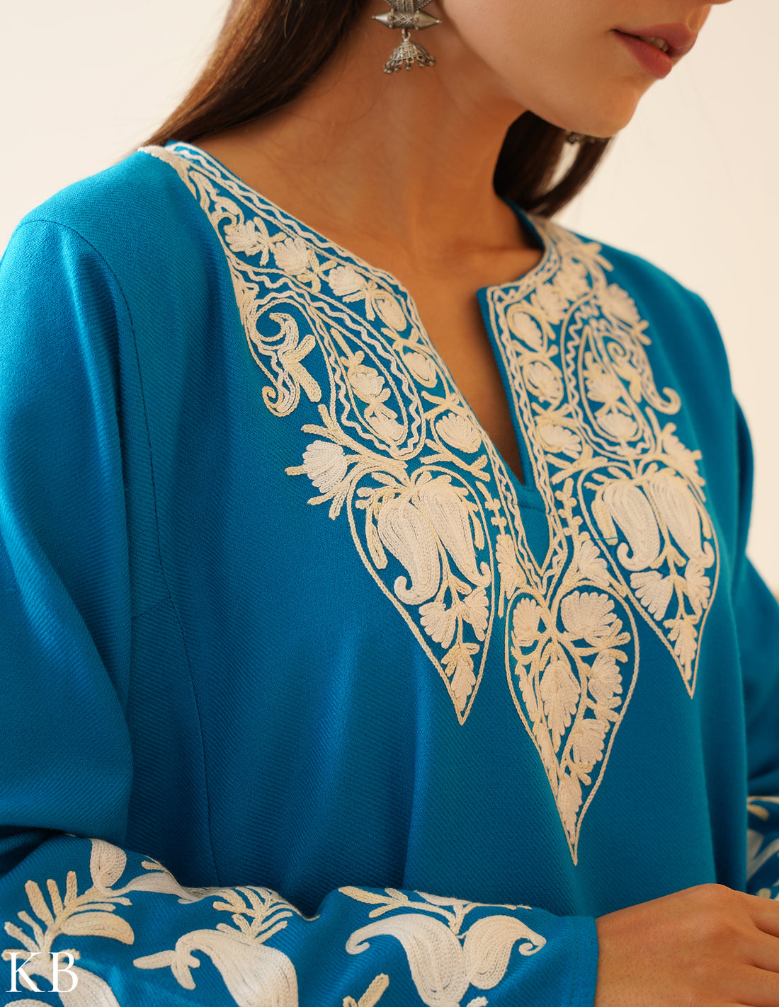Rang-e-Khizan Turquoise Paisley Aari Phiran - Kashmir Box