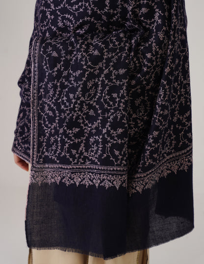 Kashmiri Handwoven Pashmina Sozni Shawl Jaalidar – Navy Blue | Light Purple Heritage - Kashmir Box