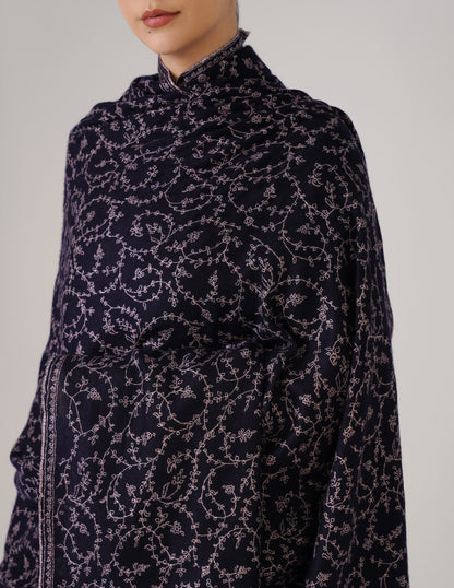 Kashmiri Handwoven Pashmina Sozni Shawl Jaalidar – Navy Blue | Light Purple Heritage - Kashmir Box