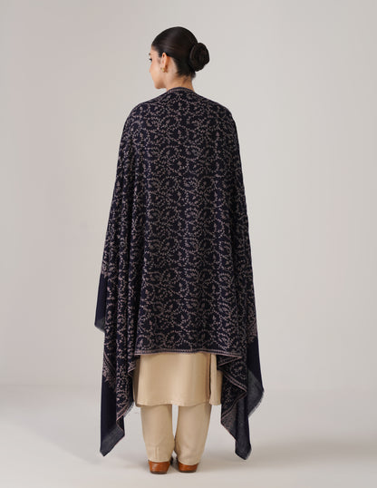 Kashmiri Handwoven Pashmina Sozni Shawl Jaalidar – Navy Blue | Light Purple Heritage - Kashmir Box