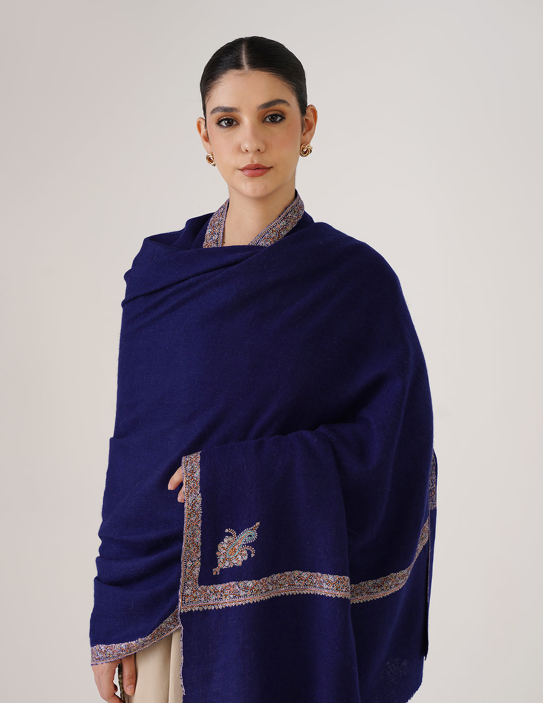 Kashmiri Handwoven Pashmina Sozni Hashidaar Shawl – Navy Blue | Luxury Heritage - Kashmir Box