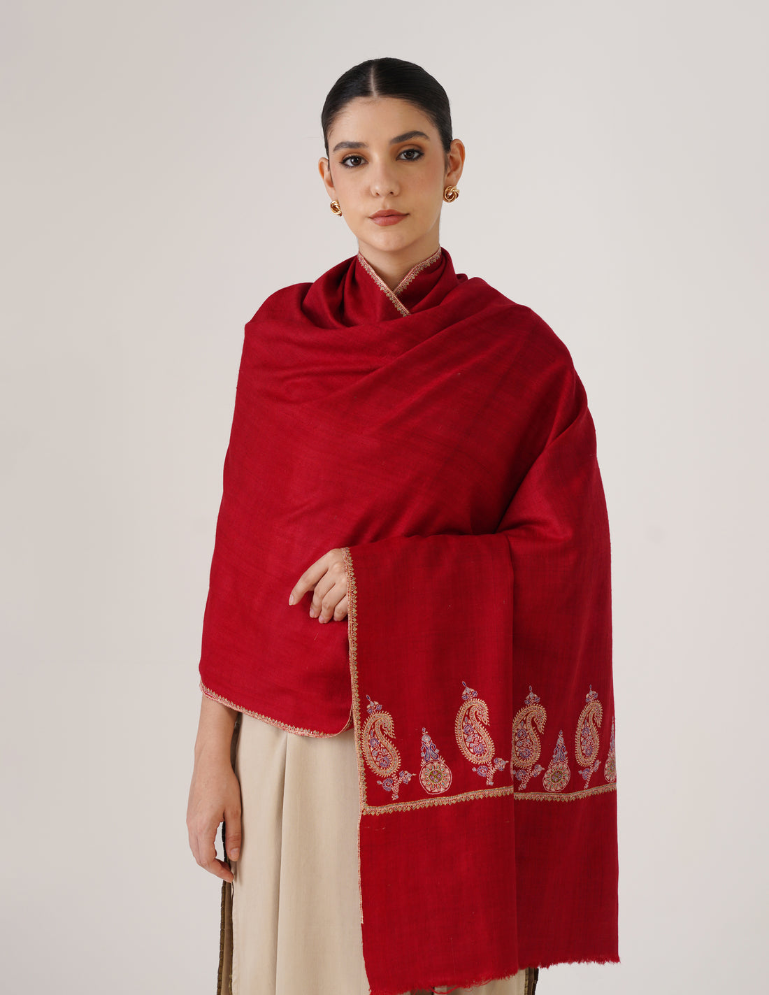Kashmiri Handwoven Pashmina Sozni Stole Doredaar – Blood Red | Handwoven Heritage - Kashmir Box