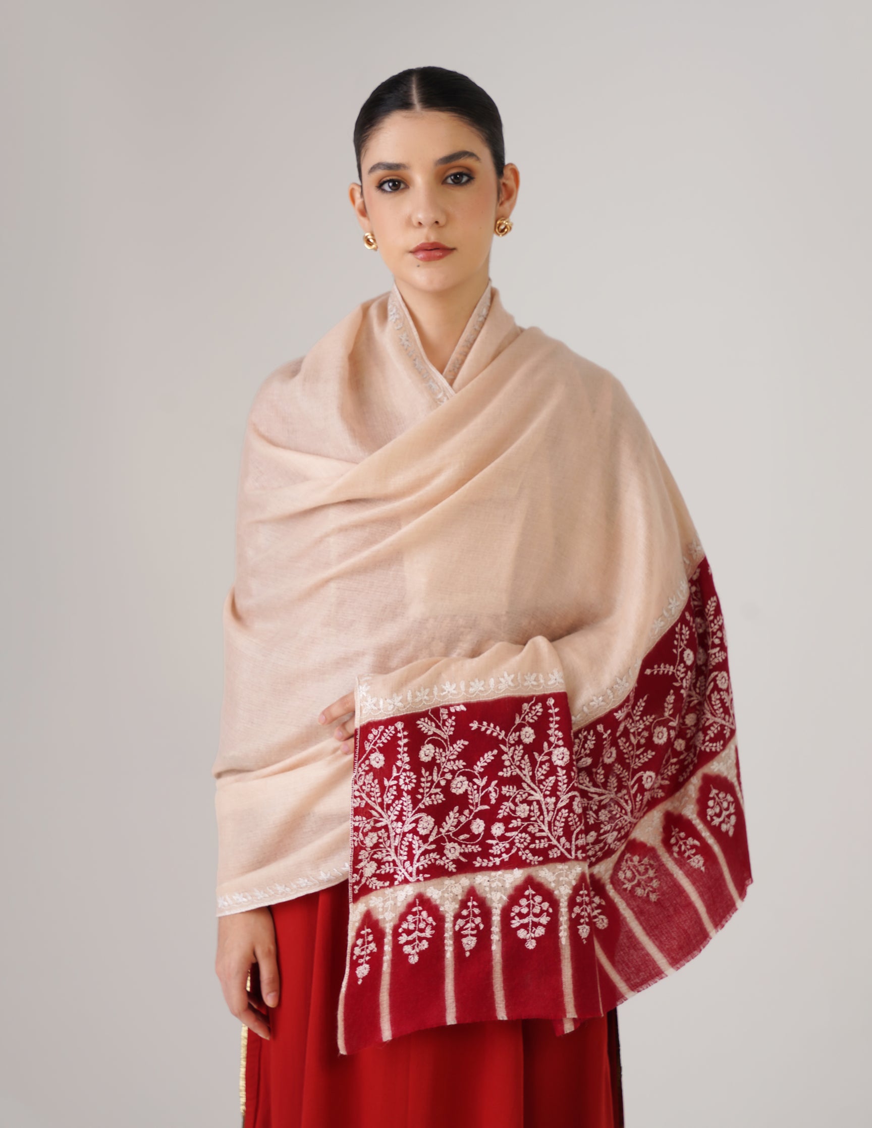 Kashmiri Handwoven Pashmina Sozni Shawl Modern Design – Almond | White Heritage - Kashmir Box