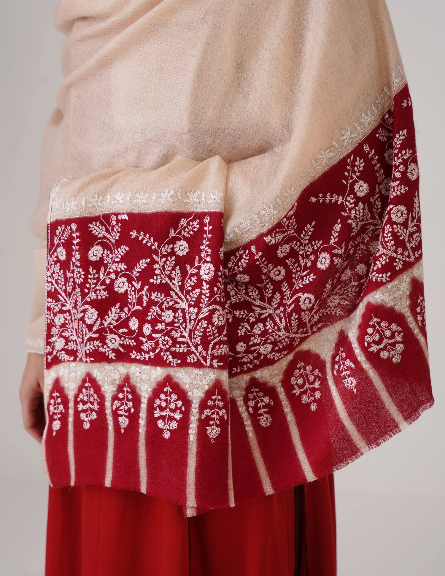 Kashmiri Handwoven Pashmina Sozni Shawl Modern Design – Almond | White Heritage - Kashmir Box