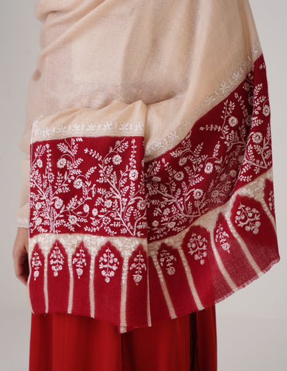 Kashmiri Handwoven Pashmina Sozni Shawl Modern Design – Almond | White Heritage - Kashmir Box