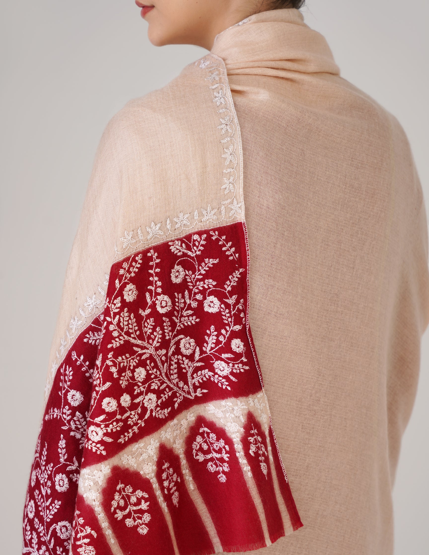 Kashmiri Handwoven Pashmina Sozni Shawl Modern Design – Almond | White Heritage - Kashmir Box