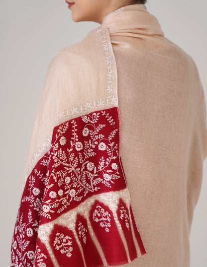 Kashmiri Handwoven Pashmina Sozni Shawl Modern Design – Almond | White Heritage - Kashmir Box