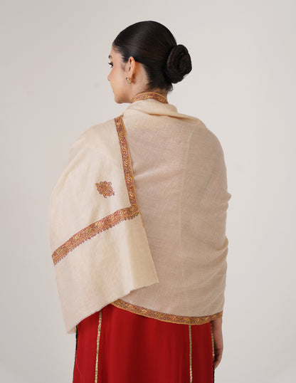 Kashmiri Handwoven Pashmina Sozni Stole Hashidaar – Off White | Multicolour Heritage - Kashmir Box