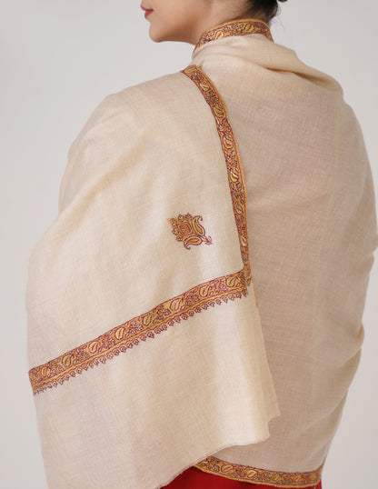 Kashmiri Handwoven Pashmina Sozni Stole Hashidaar – Off White | Multicolour Heritage - Kashmir Box