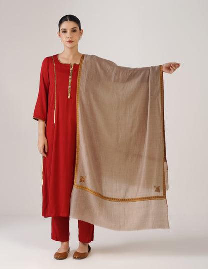 Kashmiri Handwoven Pashmina Sozni Stole Hashidaar – Natural | Multicolour Heritage - Kashmir Box