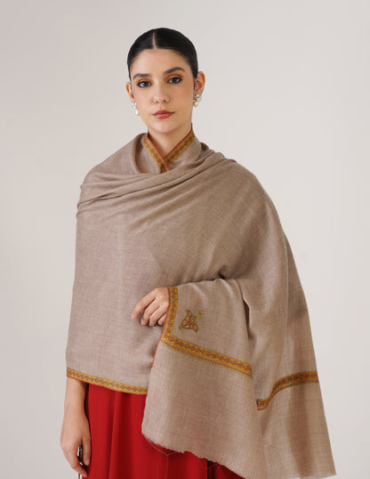 Kashmiri Handwoven Pashmina Sozni Stole Hashidaar – Natural | Multicolour Heritage - Kashmir Box