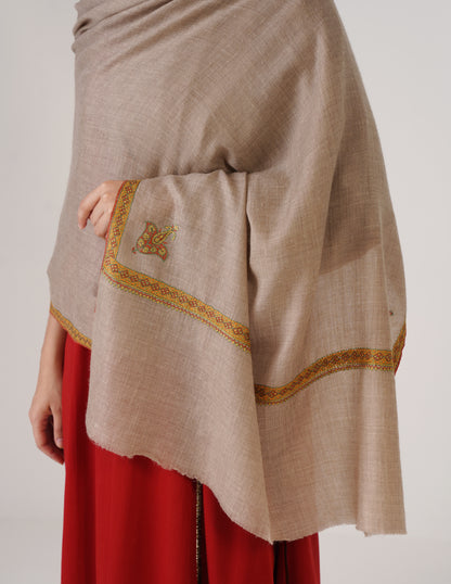 Kashmiri Handwoven Pashmina Sozni Stole Hashidaar – Natural | Multicolour Heritage - Kashmir Box