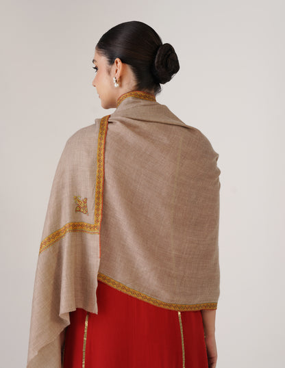 Kashmiri Handwoven Pashmina Sozni Stole Hashidaar – Natural | Multicolour Heritage - Kashmir Box