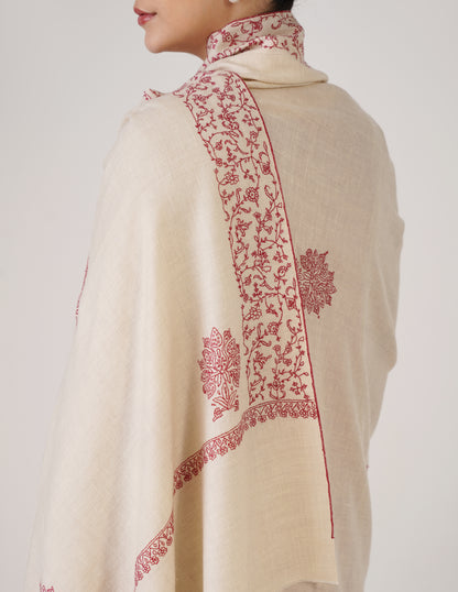 Kashmiri Handwoven Pashmina Sozni Shawl Bootidar – Off White | Maroon Heritage - Kashmir Box