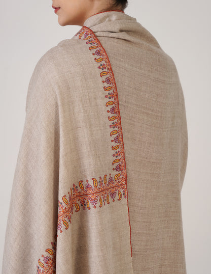 Kashmiri Handwoven Pashmina Sozni Shawl Doredaar – Natural White | Handwoven Heritage - Kashmir Box