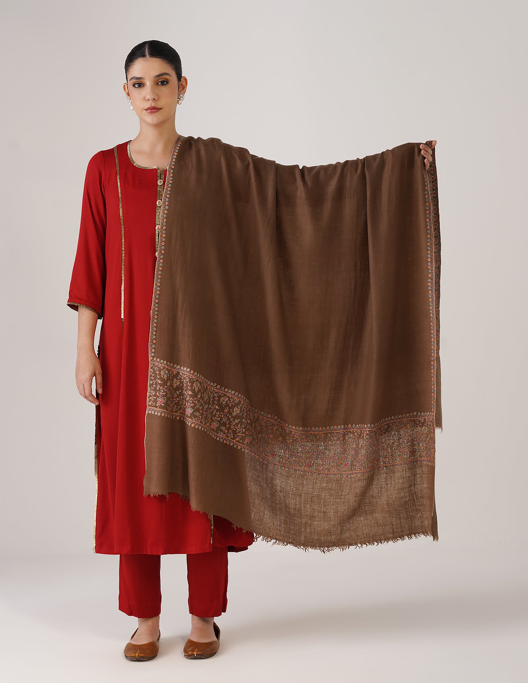 Kashmiri Handwoven Pashmina Sozni Shawl Paldaar – Natural Brown | Handwoven Heritage - Kashmir Box