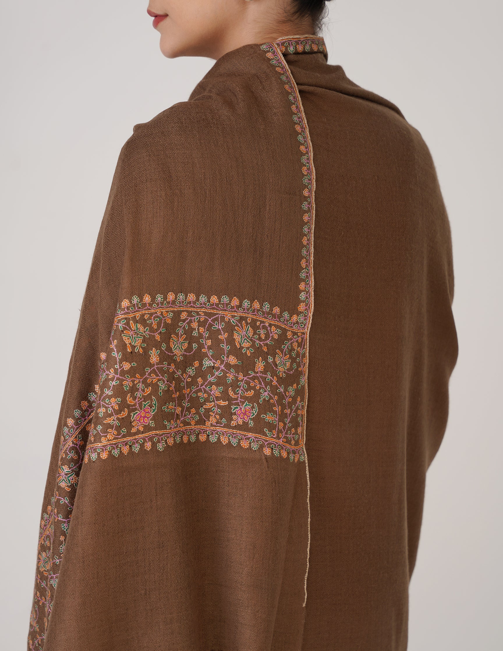 Kashmiri Handwoven Pashmina Sozni Shawl Paldaar – Natural Brown | Handwoven Heritage - Kashmir Box