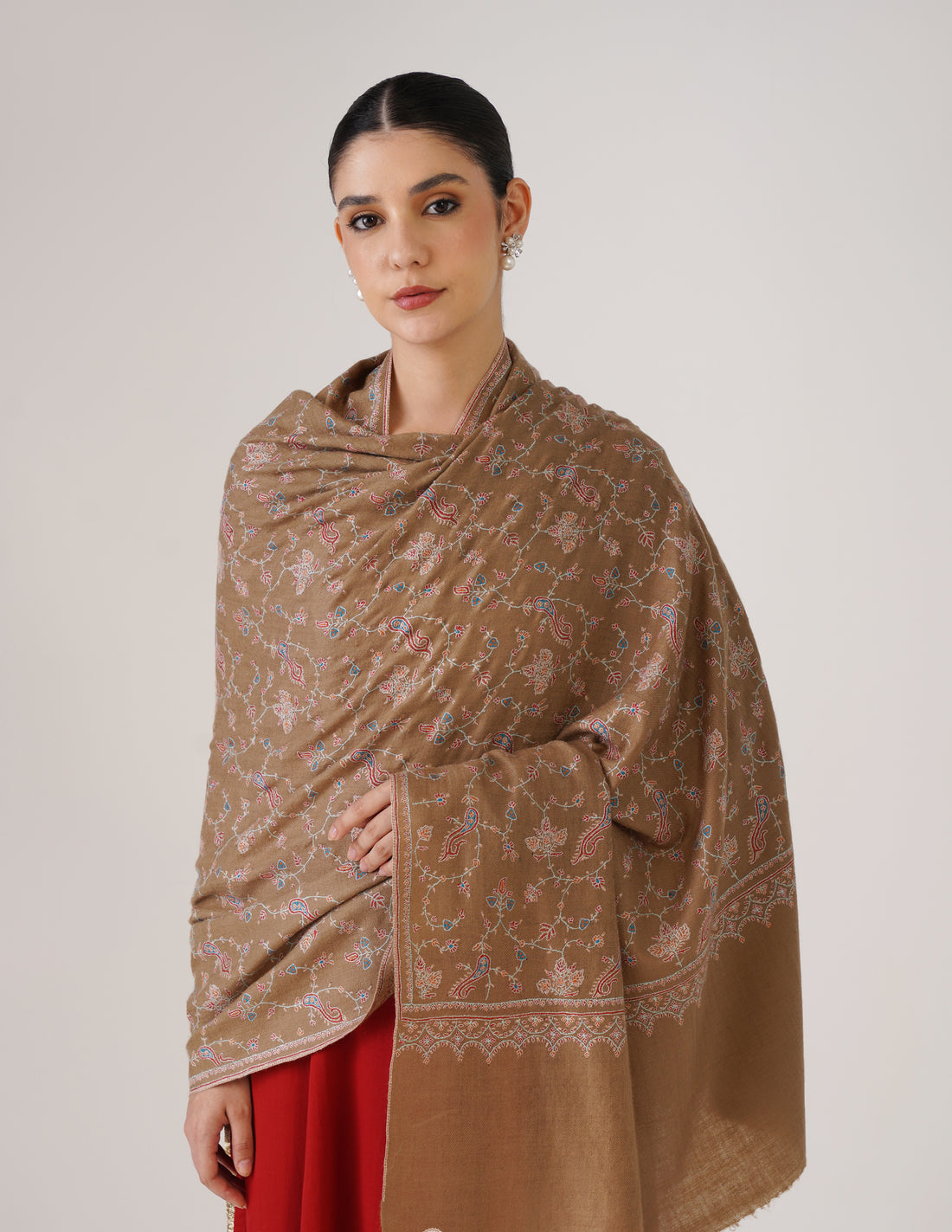 Kashmiri Handwoven Pashmina Sozni Shawl Jaalidar – Tan | Handwoven Heritage - Kashmir Box