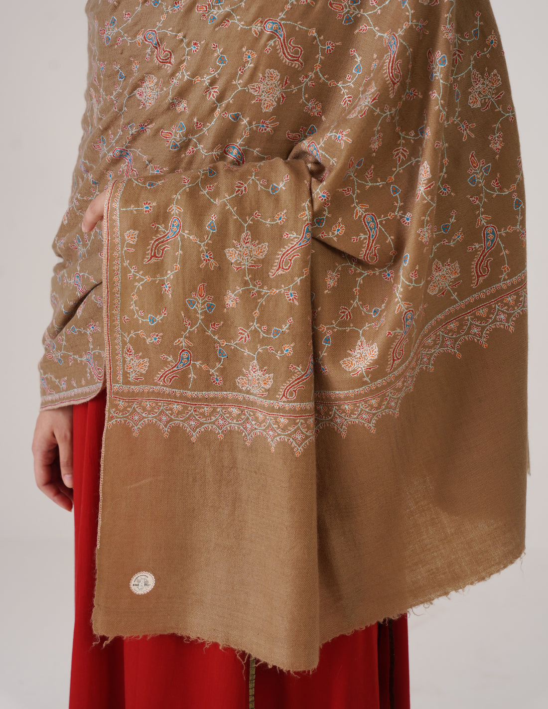 Kashmiri Handwoven Pashmina Sozni Shawl Jaalidar – Tan | Handwoven Heritage - Kashmir Box