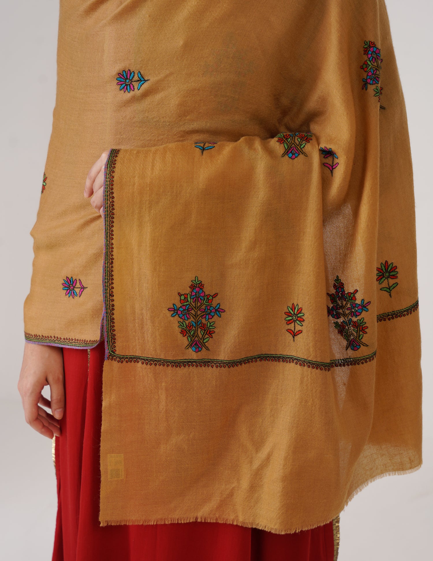 Kashmiri Handwoven Pashmina Sozni Stole Bootidar – Mustard | Multicolour Heritage - Kashmir Box
