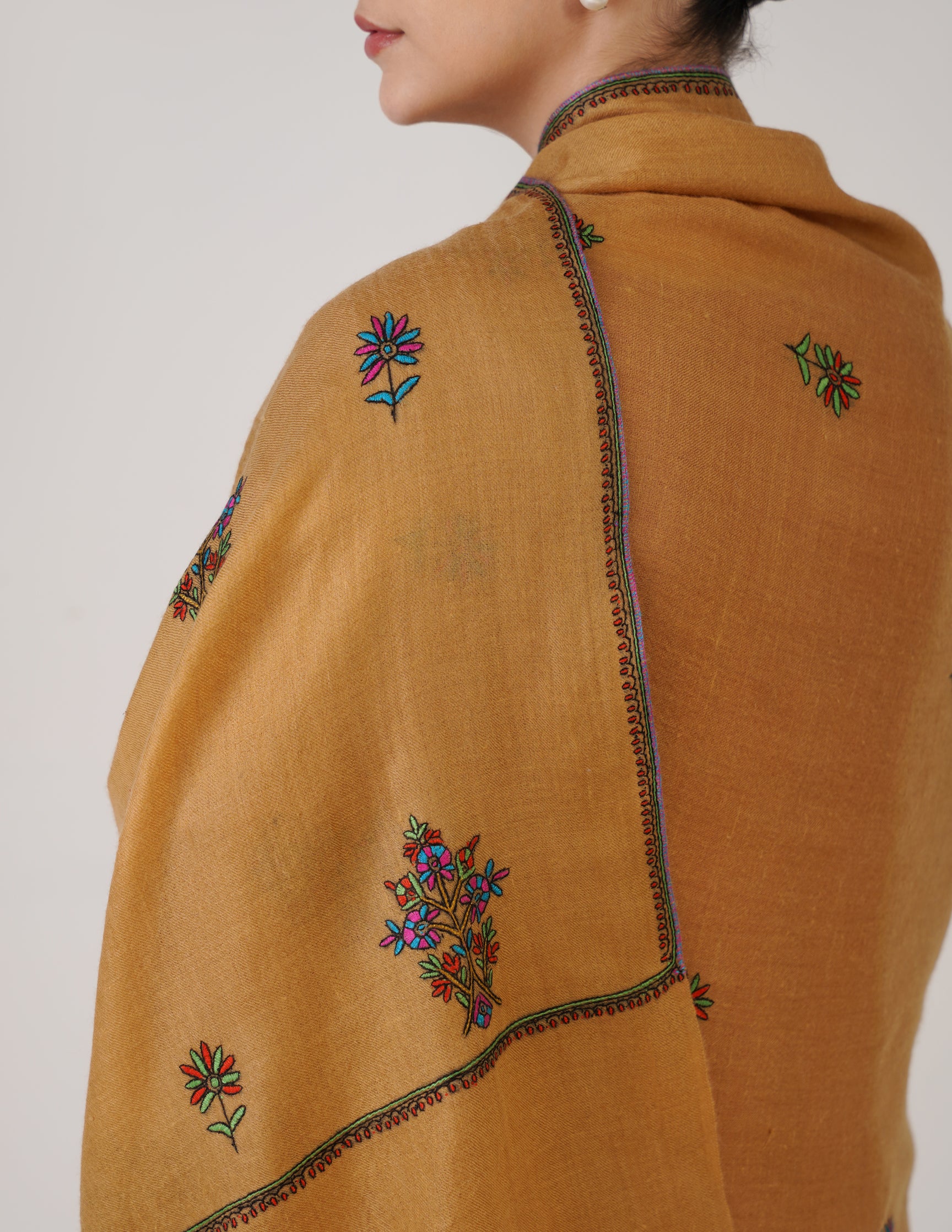 Kashmiri Handwoven Pashmina Sozni Stole Bootidar – Mustard | Multicolour Heritage - Kashmir Box