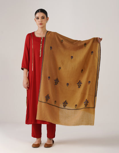 Kashmiri Handwoven Pashmina Sozni Stole Bootidar – Mustard | Multicolour Heritage - Kashmir Box
