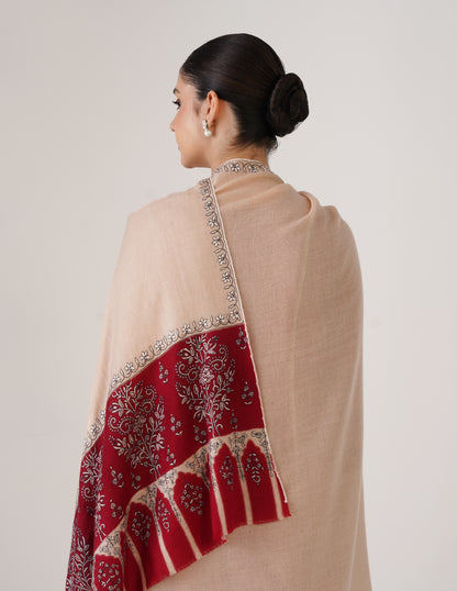 Kashmiri Handwoven Pashmina Sozni Shawl Modern Design – Almond | White &amp; Black Heritage - Kashmir Box