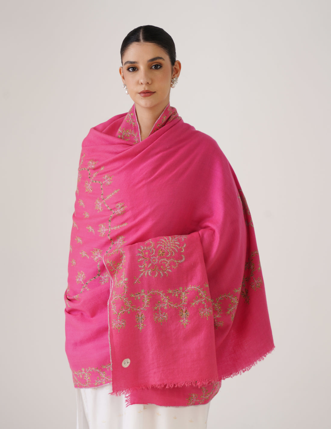 Kashmiri Handwoven Pashmina Sozni Shawl Doredaar – Pink | Handwoven Heritage - Kashmir Box