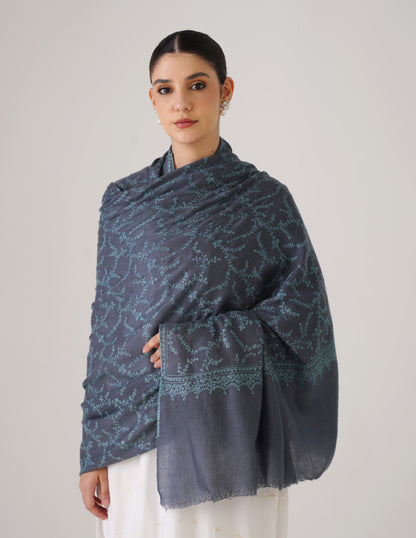 Kashmiri Handwoven Pashmina Sozni Shawl Jaalidar – Blue Grey | Sea Green Heritage - Kashmir Box