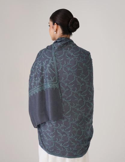 Kashmiri Handwoven Pashmina Sozni Shawl Jaalidar – Blue Grey | Sea Green Heritage - Kashmir Box