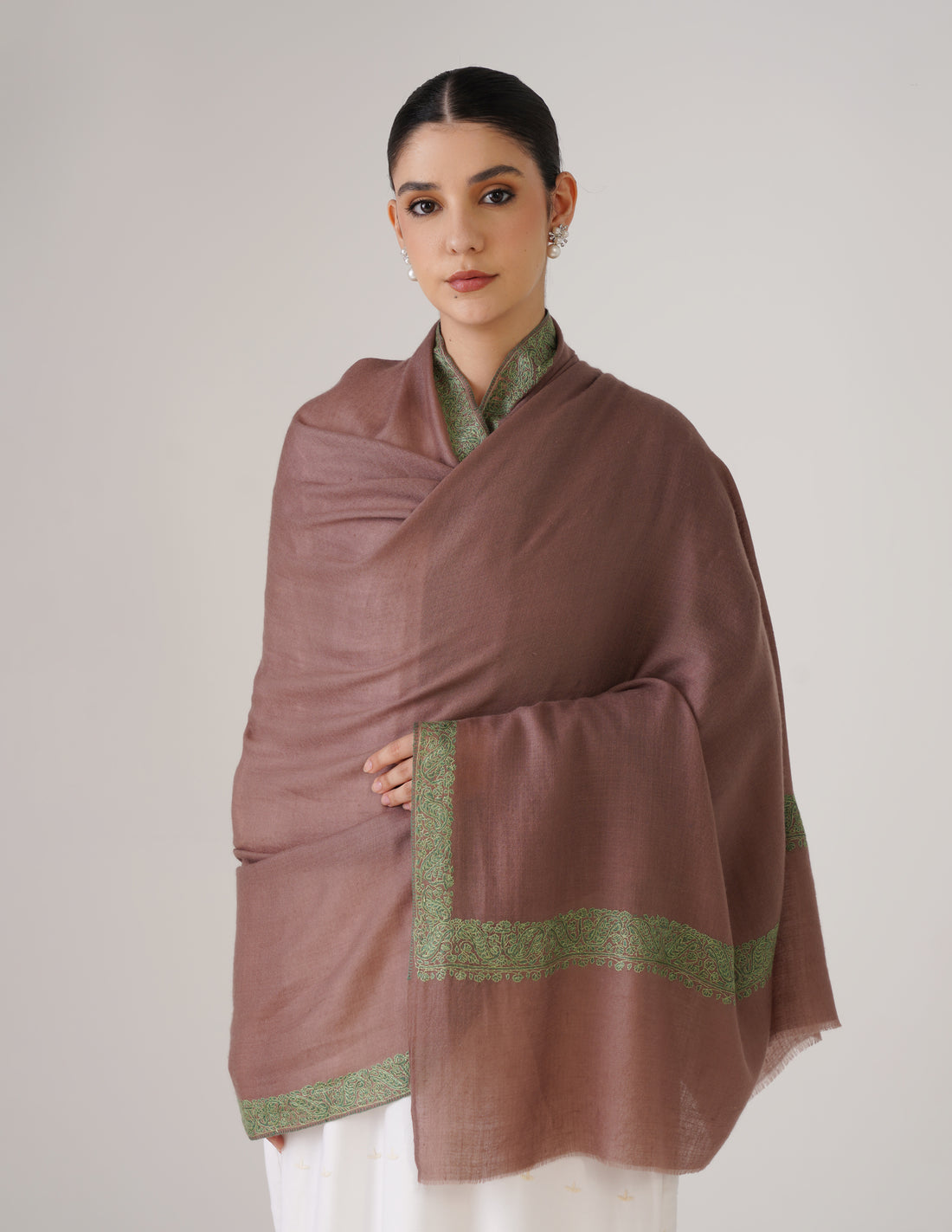 Kashmiri Handwoven Pashmina Sozni Shawl Doredaar – Saddle Brown | Green Heritage - Kashmir Box
