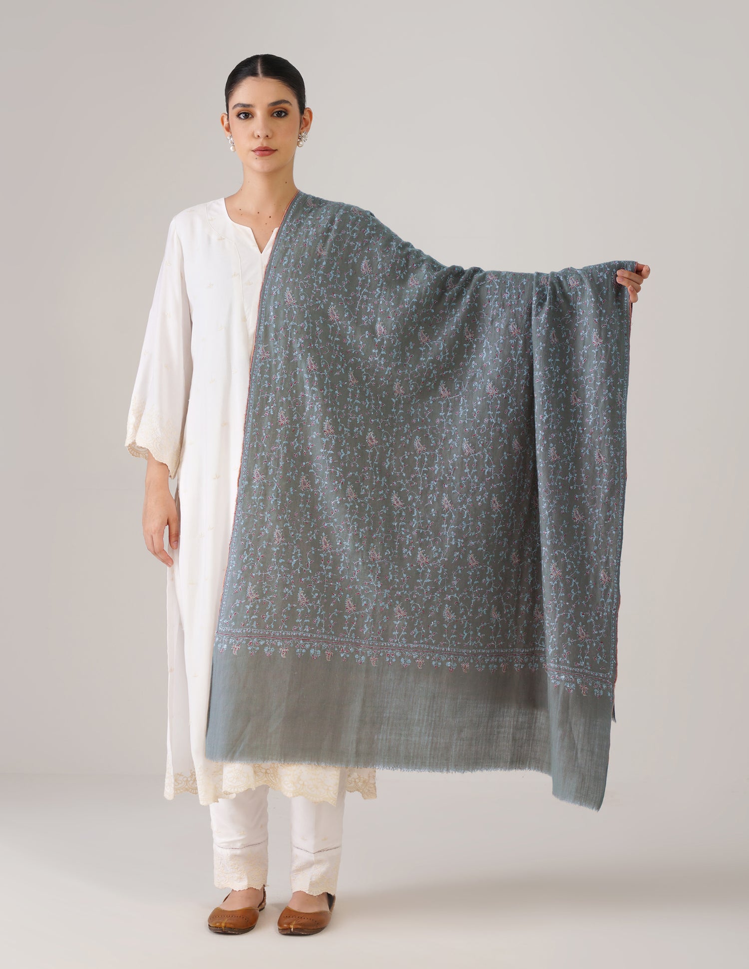 Kashmiri Handwoven Pashmina Sozni-Tilla Shawl – Olive Green | Heritage Luxury - Kashmir Box
