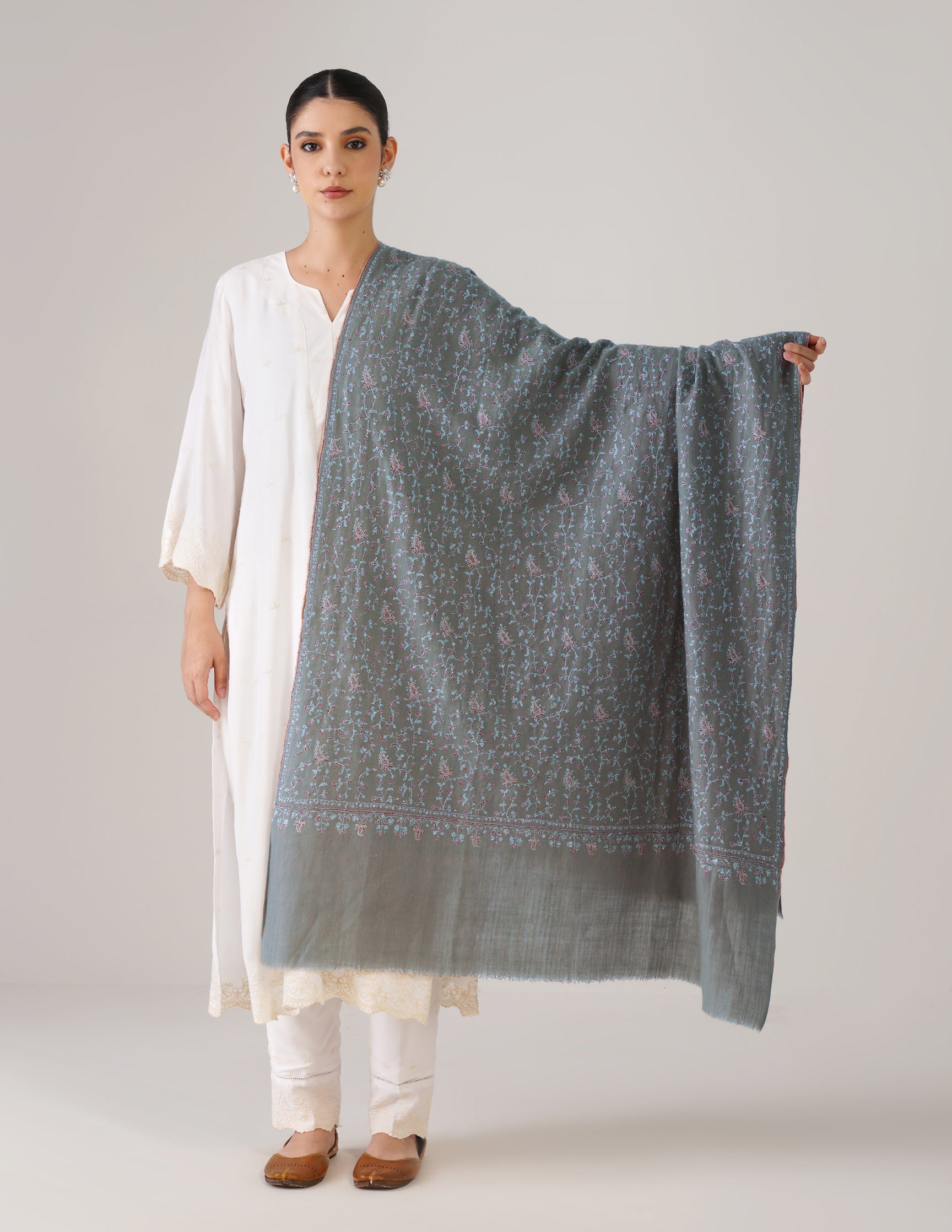Kashmiri Handwoven Pashmina Sozni-Tilla Shawl – Olive Green | Heritage Luxury - Kashmir Box