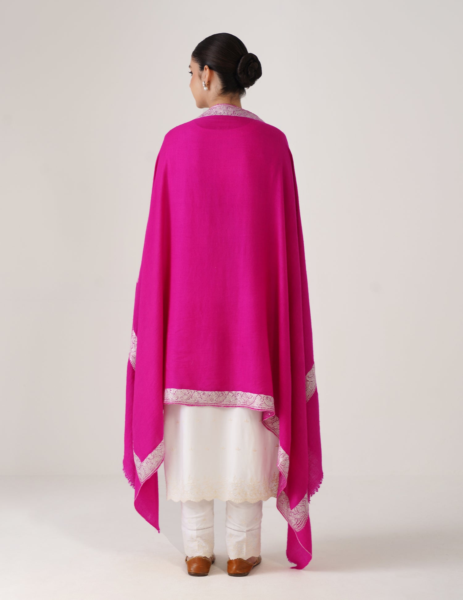 Kashmiri Handwoven Pashmina Tilla Shawl Neemdore – Pink &amp; Silver | Handwoven Heritage - Kashmir Box