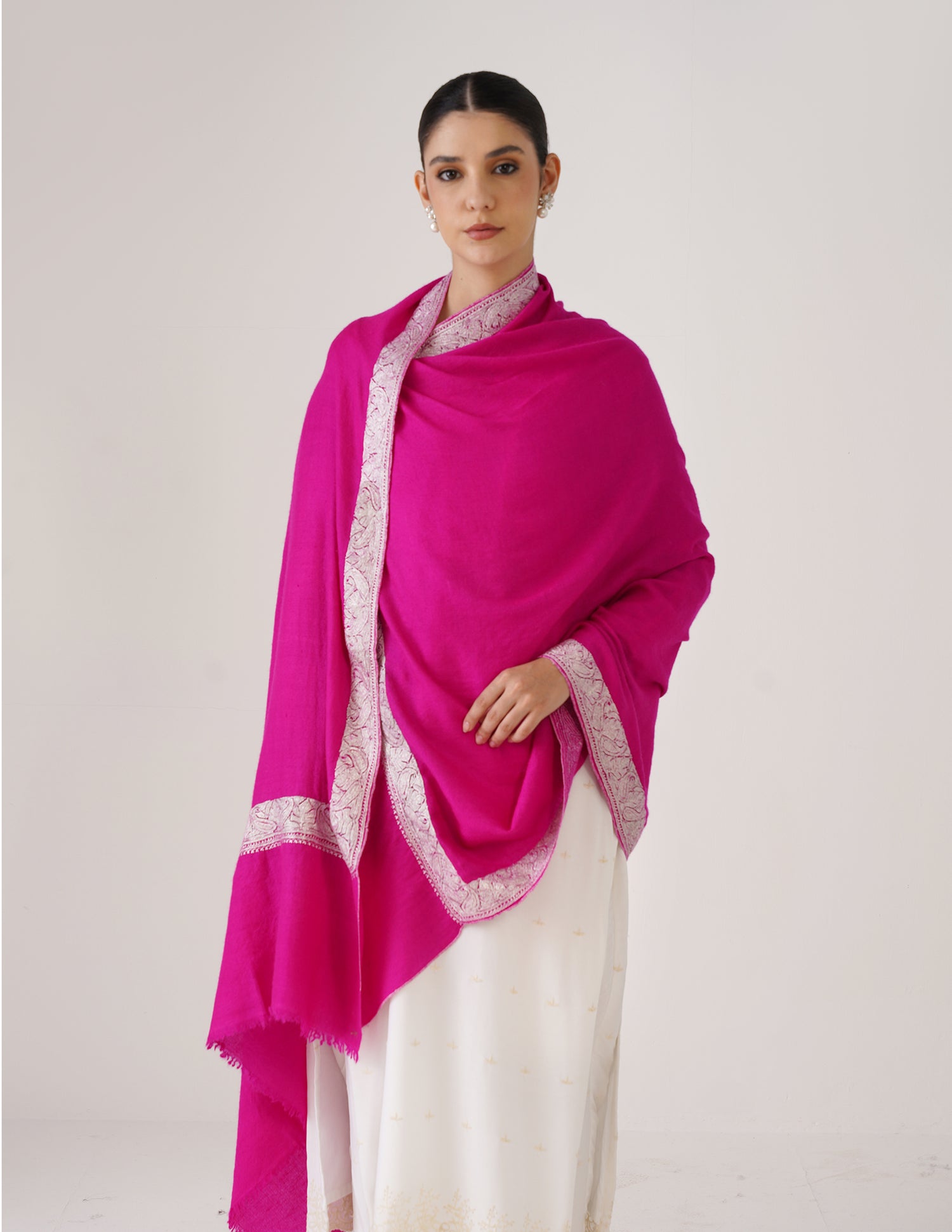Kashmiri Handwoven Pashmina Tilla Shawl Neemdore – Pink &amp; Silver | Handwoven Heritage - Kashmir Box
