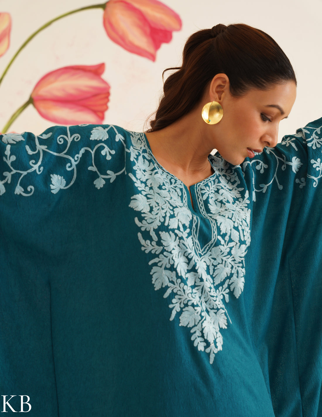 Teal Cotton Kaftan Dress with Light Blue Embroidery | Comfortable Loose-Fit | Summer Ethnic Wear - Kashmir Box