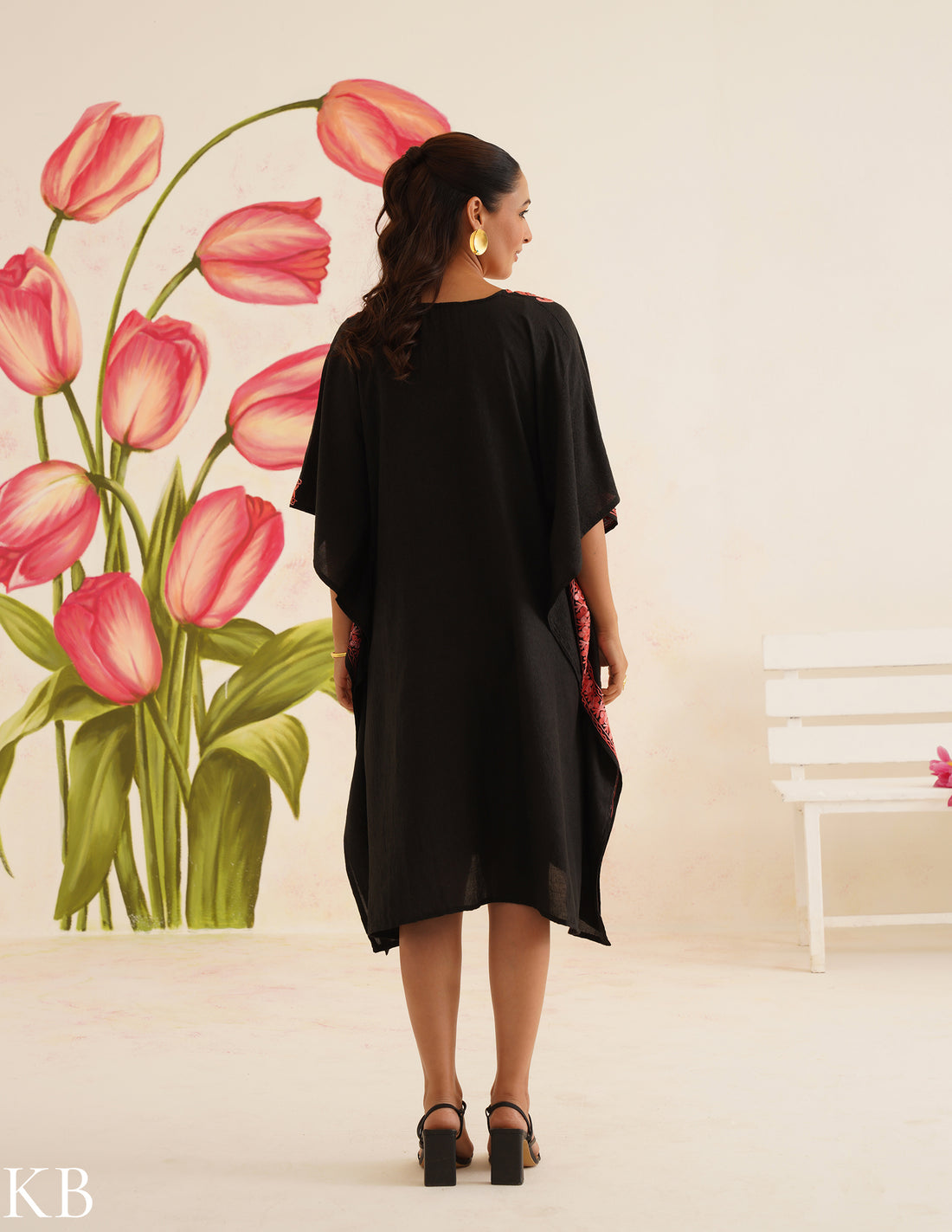 Black Cotton Kaftan Dress with Coral Embroidery | Comfortable Loose-Fit | Elegant Summer Ethnic Wear - Kashmir Box