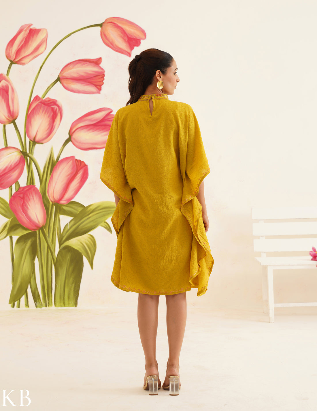 Olive Green Cotton Kaftan Dress | Pink Floral Aari Embroidery | Summer Ethnic Wear - Kashmir Box