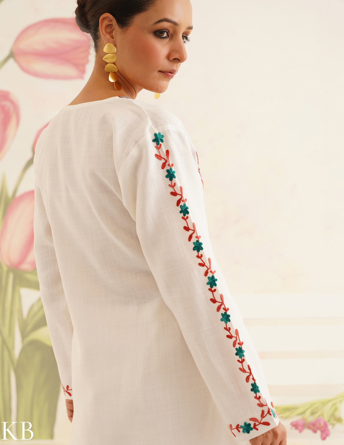 White Cotton Coordset with Red and Green Embroidery | Bahaar Collection 2025 - Kashmir Box