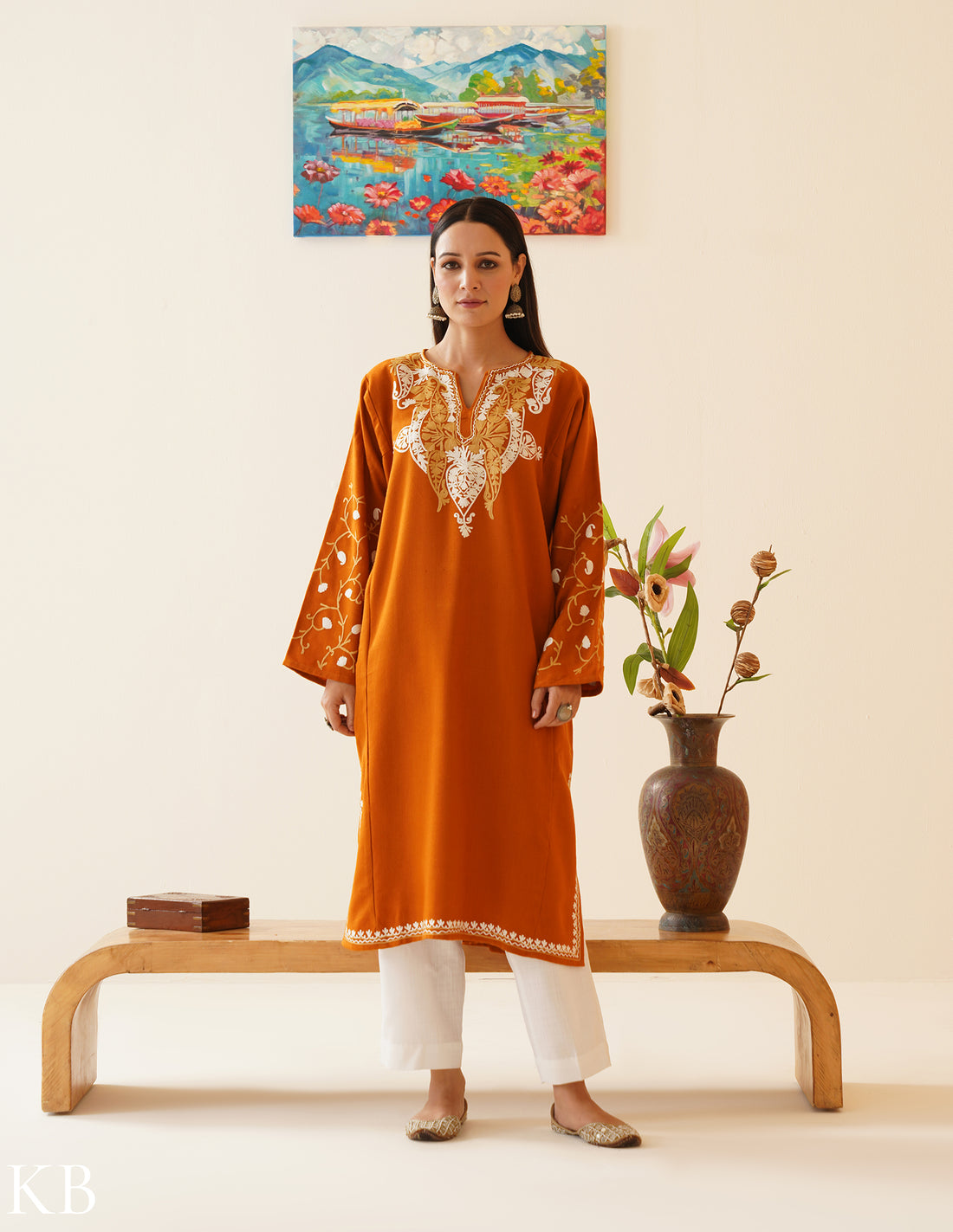 Rang-e-Khizan Marigold Arched Paisley Aari Phiran - Kashmir Box