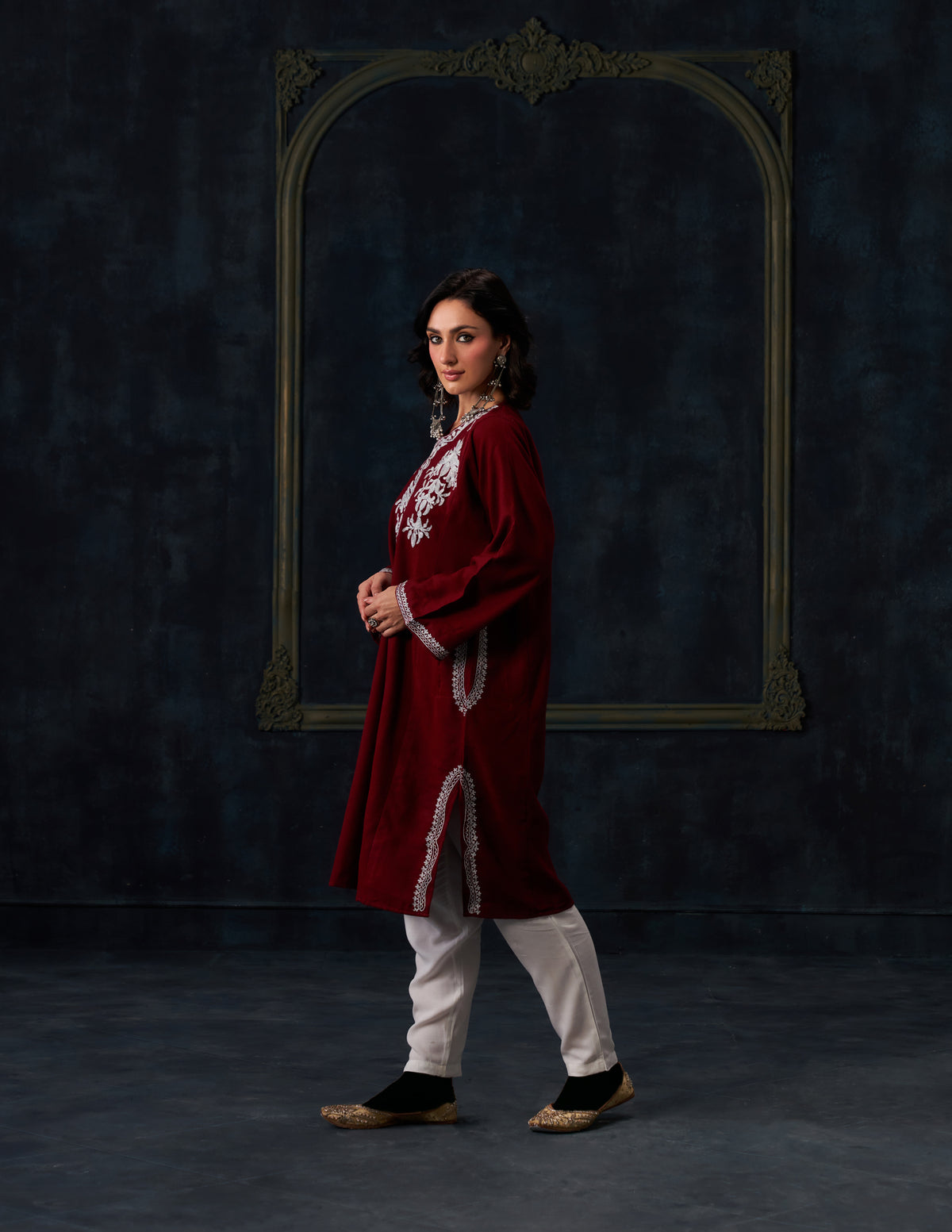 Kashmiri Zari Embroidered Woollen Phiran – Maroon | Timeless Winter Wear - Kashmir Box