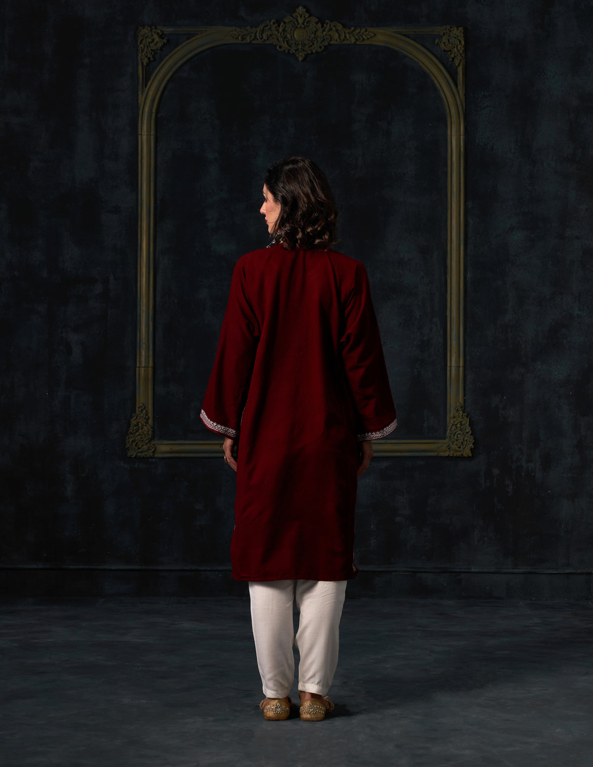 Kashmiri Zari Embroidered Woollen Phiran – Maroon | Timeless Winter Wear - Kashmir Box