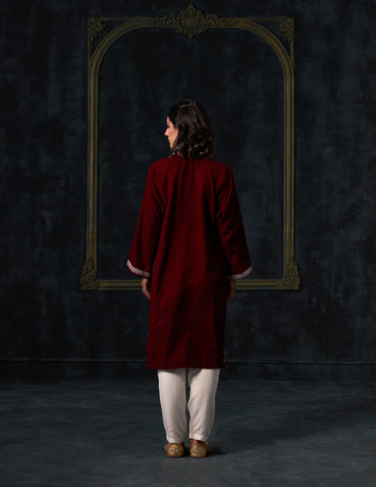 Kashmiri Zari Embroidered Woollen Phiran – Maroon | Timeless Winter Wear - Kashmir Box
