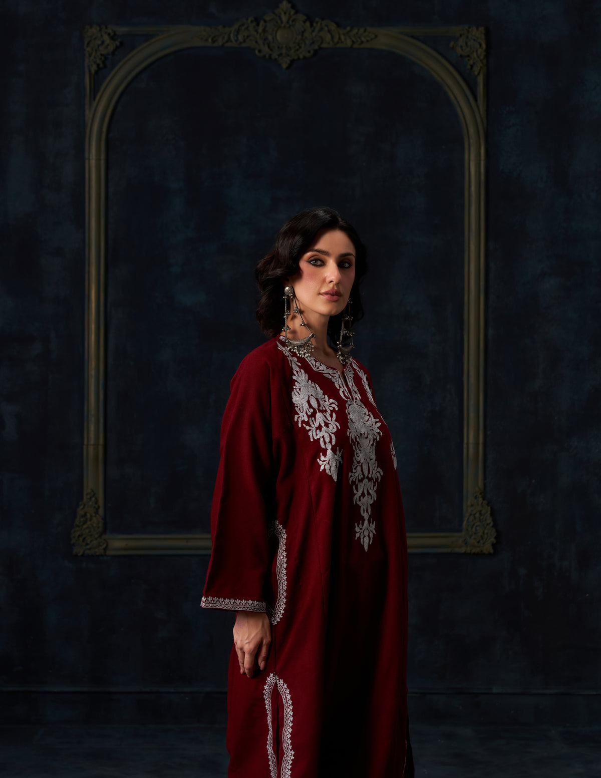 Kashmiri Zari Embroidered Woollen Phiran – Maroon | Timeless Winter Wear - Kashmir Box