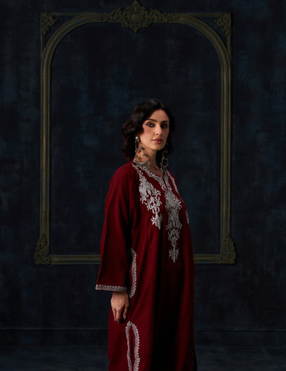 Kashmiri Zari Embroidered Woollen Phiran – Maroon | Timeless Winter Wear - Kashmir Box