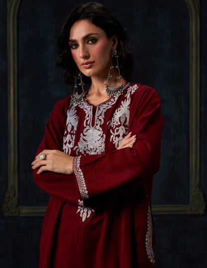 Kashmiri Zari Embroidered Woollen Phiran – Maroon | Timeless Winter Wear - Kashmir Box