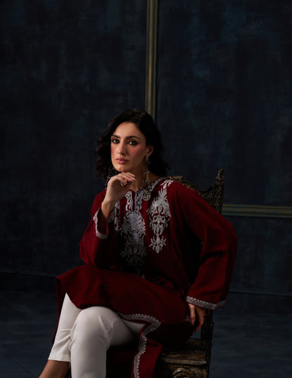 Kashmiri Zari Embroidered Woollen Phiran – Maroon | Timeless Winter Wear - Kashmir Box