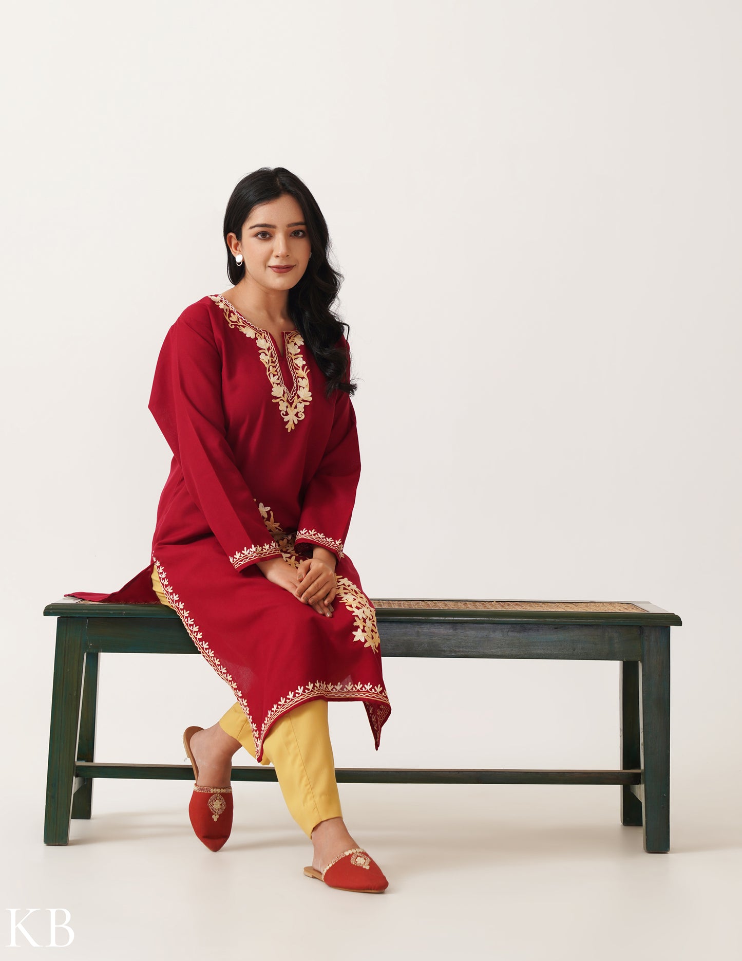 Cherry Red Cool Cotton Kurti with Beige Embroidery - Kashmir Box