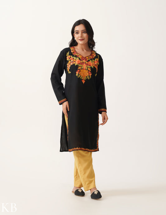 Black Cotton Kurti with Multi-hued Floral Aari Embroidery