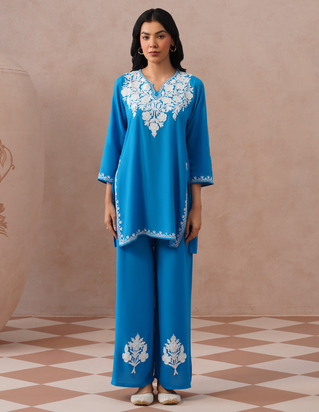 Blue Rayon Coordset – White Aari Embroidery | Office &amp; Casual Ethnic Wear - Kashmir Box